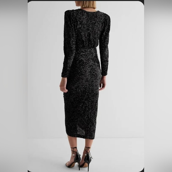 NWT!Express Sequin Silver V-Neck Puff Sleeve Ruched Midi Sheath Dress Size XS - Picture 10 of 15